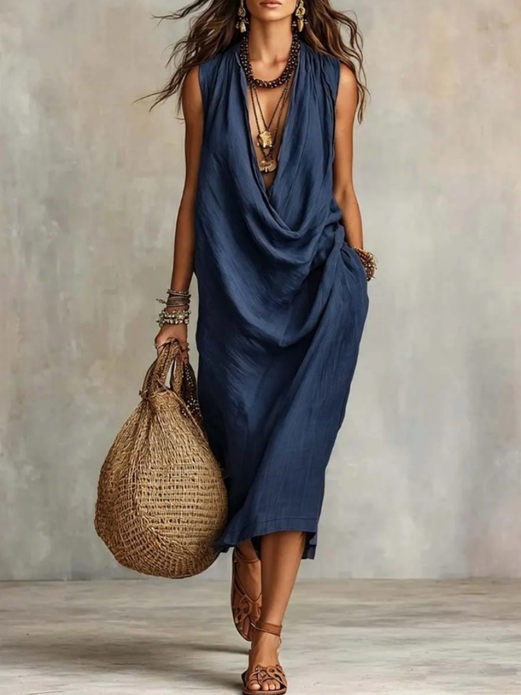 Robe longue élégante en coton et lin pour femme, col drapé ample, sans manches, avec poches, style décontracté pour l'été, la plage et les vacances