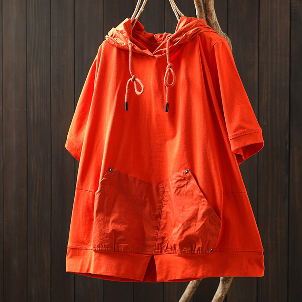 Chemisier à Capuche et Manches Courtes pour Femme, Pull en Coton Solide, Grande Taille, Été