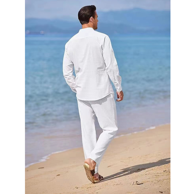 Chemise à manches longues à col en V pour hommes, lin trempé, respirant, solide, document, décontracté, sport, mode, ensemble deux pièces, tenues pour hommes, fj2