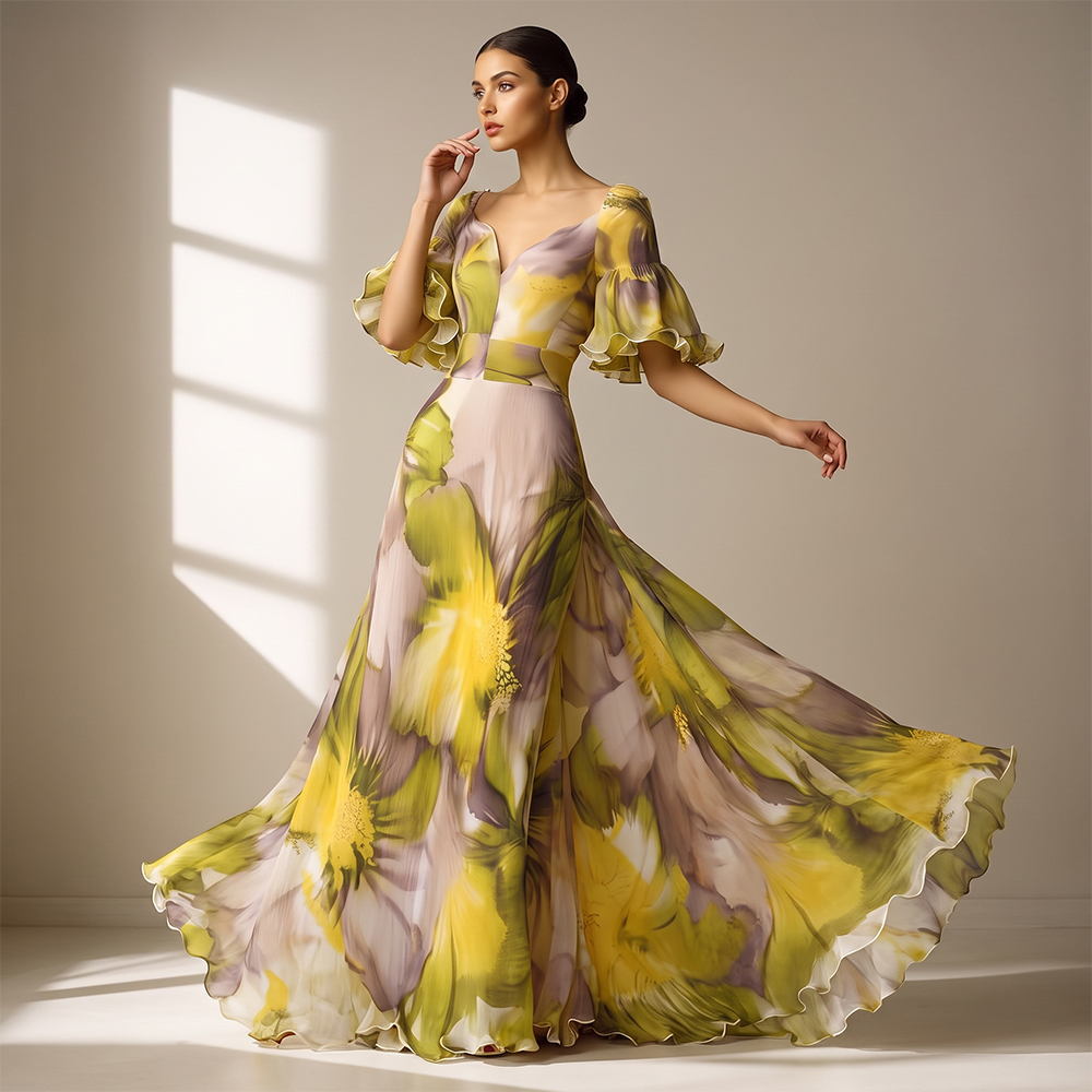Robe longue en mousseline de soie à fleurs pour femme, col en V, manches courtes bouffantes, taille haute, élégante, fluide, pour soirée, mariage, invitée, été