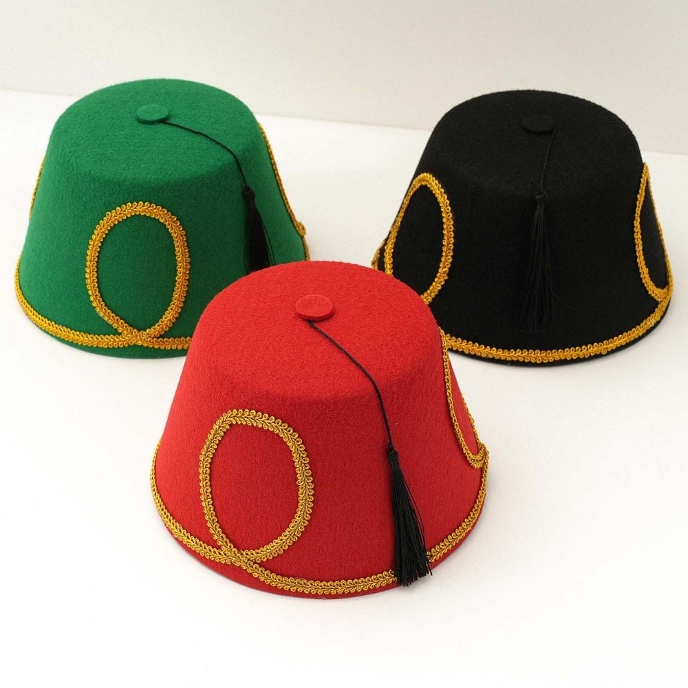 Chapeau Fez Turc Noir à Pompon en Feutre de Laine avec Bordure Dorée, Casquette Marocaine Taille Unique, Structure Rigide, Chapeaux de Fête en Feutre