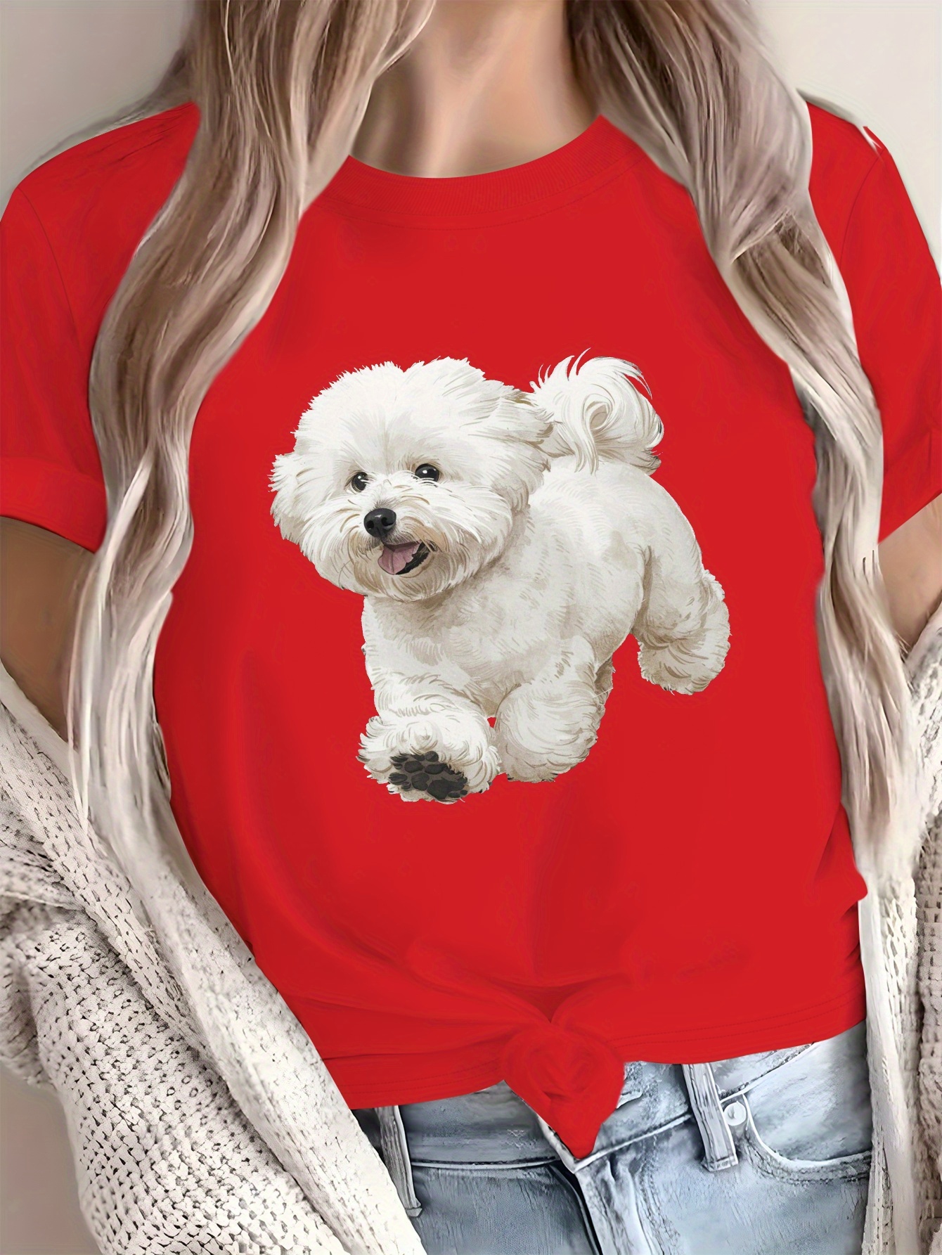 T-Shirt blanc mignon Bichon Frise pour femmes, doux, respirant, couleur unie, haut décontracté pour tous les jours, imprimé Animal, t-shirts graphiques