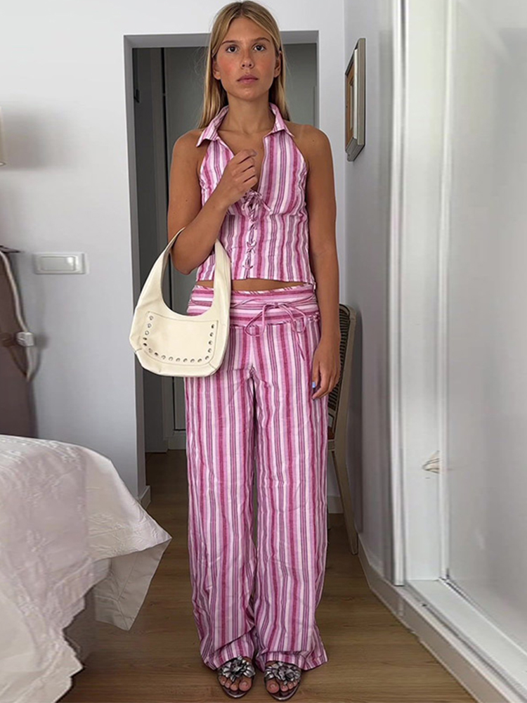 Ensemble pantalon et veste à lacets rayés pour femmes, haut chic sans manches et dos nu, pantalon taille haute, costumes, nouvelles tenues streetwear pour femmes