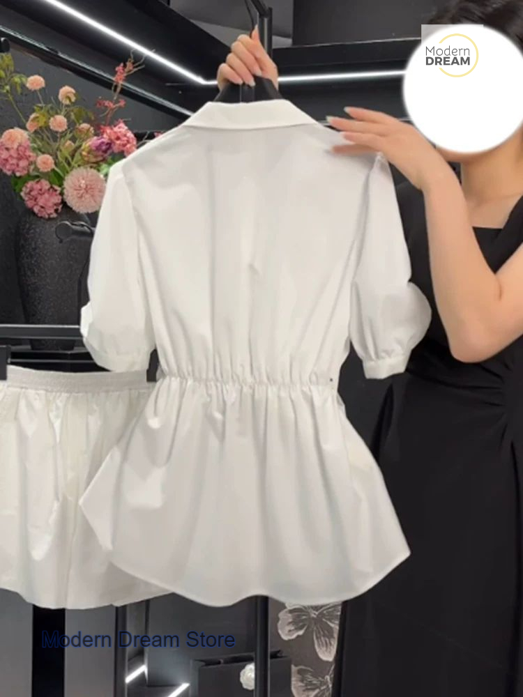 Chemise française en mousseline de soie blanche de haute qualité pour femmes, nouveau design de mode, manches courtes, foulard en soie, ceinture, haut de taille, été