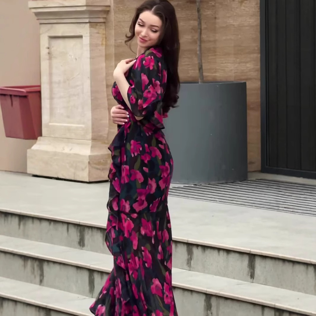 Robes d'été Vintage pour femmes, nouvelle mode américaine et européenne, Sexy, col en v, manches courtes, imprimé floral, longueur cheville, vêtements féminins