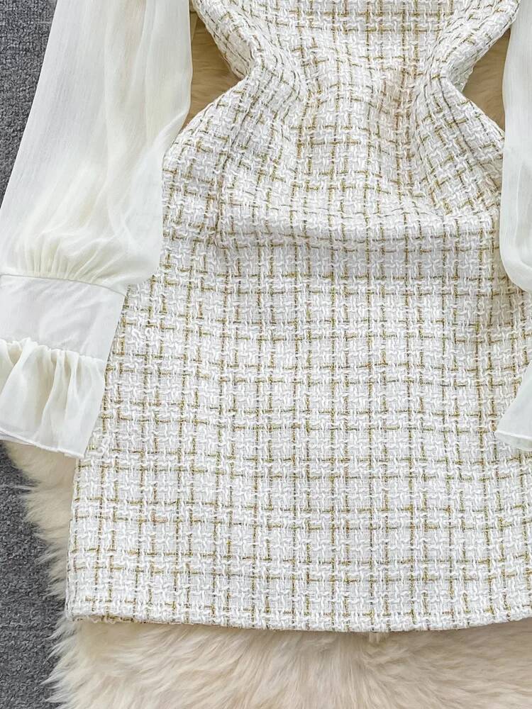 Mode coréenne femmes laine Tweed robe automne hiver Plaid Tweed Patchwork en mousseline de soie à manches longues une ligne élégante robe courte