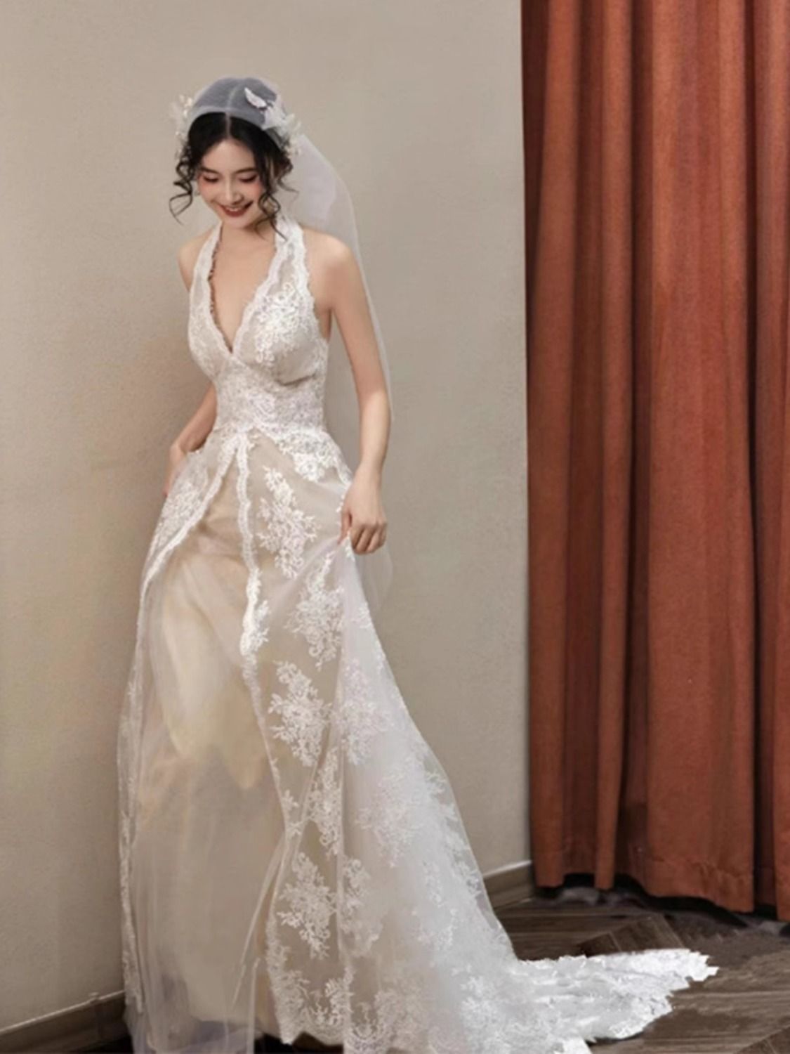 Robe de mariée légère en dentelle pour femmes, Robe de soirée, Banquet, fête d'anniversaire, Robe longue de luxe sans manches