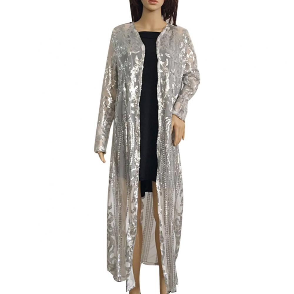 Manteau Long pour femmes, Sexy, Perspective à paillettes, manches longues, Maxi, Cardigan, Vintage, soirée, chemisier ouvert