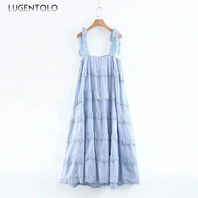 Robe longue femmes bohème gâteau couche grande balançoire solide sans manches volants Spaghetti sangle bretelles femmes robes Lugentolo