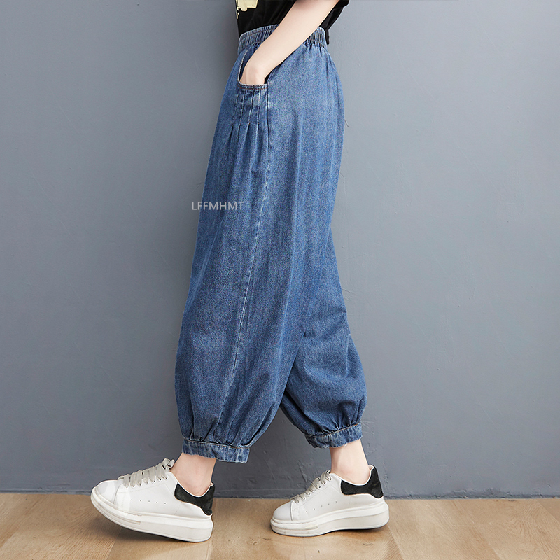 Jean Vintage en Denim pour Femme, Couleur Unie, Mode d'Été, Taille artificiel astique, Baggy, Style Japonais, Longueur de Rinçage, Harem fjgy