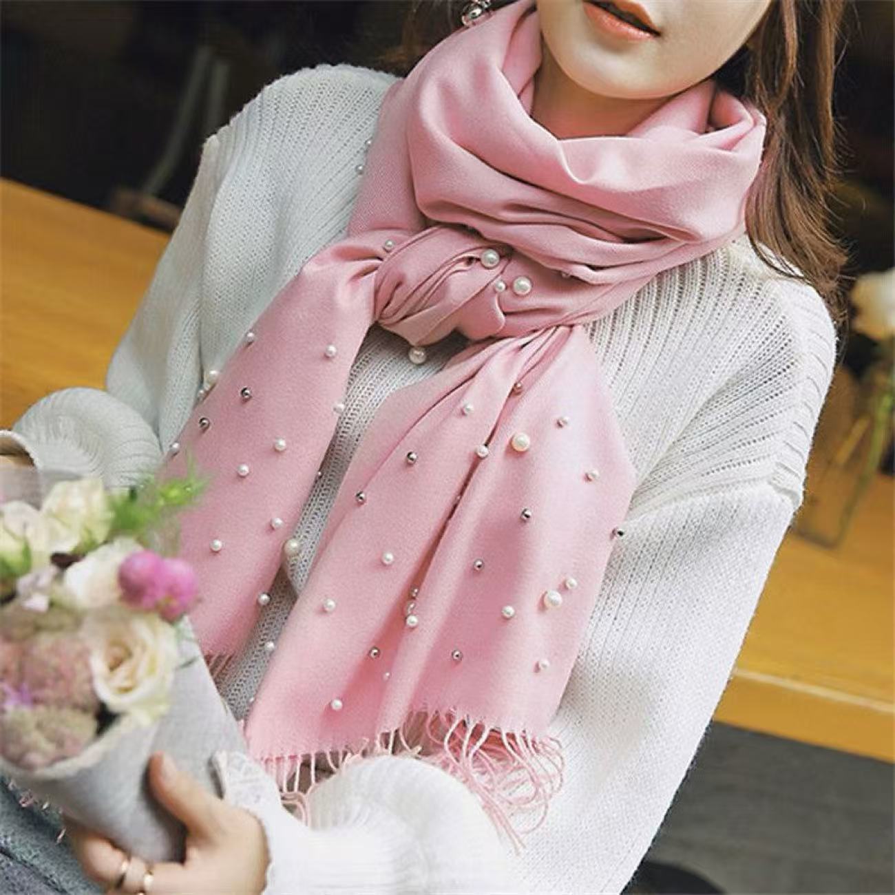 Perles de luxe couleur unie cachemire écharpe femmes hiver chaud Pashmina foulards gland décontracté Bufanda Poncho dame enveloppes châles