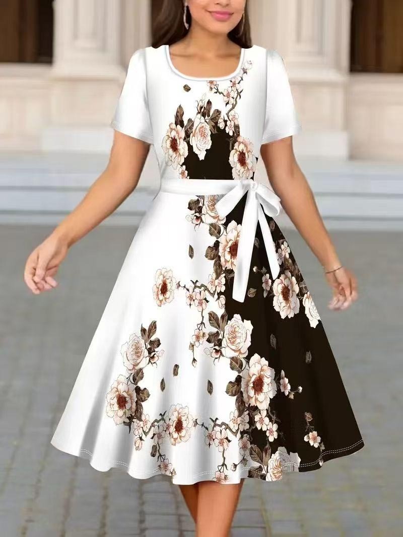 Robe mi-longue décontractée pour femme, imprimé floral, col rond, manches courtes, taille nouée, noire et blanche, élégante pour les fêtes