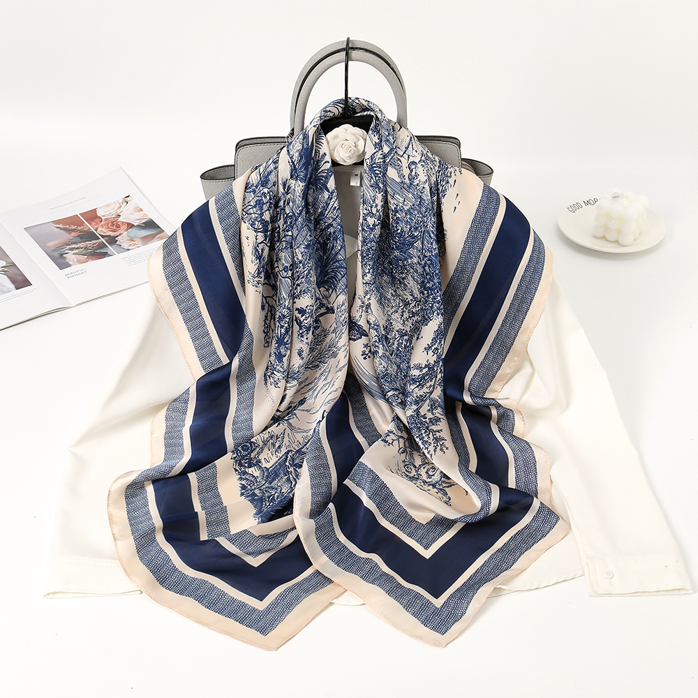 Écharpe carrée en Satin pour femmes, châle de grande taille, Style lavage à l'encre, Design de luxe, mouchoir imprimé Floral, Hijab damassé, 110x110cm