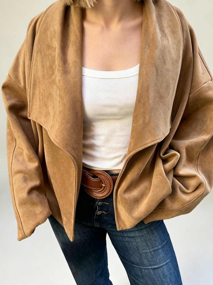 Manteau court décontracté ouvert sur le devant pour femme, col à revers, manches à revers larges, sans bouton, veste oversize chic pour le bureau ou la rue