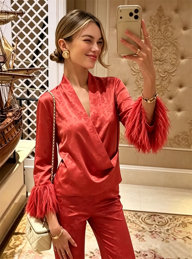 Ensemble deux pièces pour femme en satin jacquard rouge, haut à manches longues à col en V drapé avec franges en plumes, pantalon évasé court, ensemble de soirée