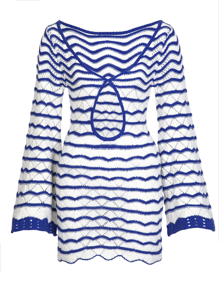 Robe Courte Tricotée Chic Bohème Rayée à Col V et Manches Cloche Découpées pour Femme, Idéale pour la Plage et les Vacances d'Été 2026, Cache-Maillot K123