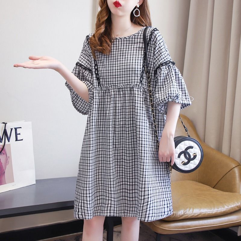 Robe mi-longue à carreaux pour femmes, vêtements décontractés, ligne A, nœud, plis, épissé, mince, col rond, basique, manches courtes, été