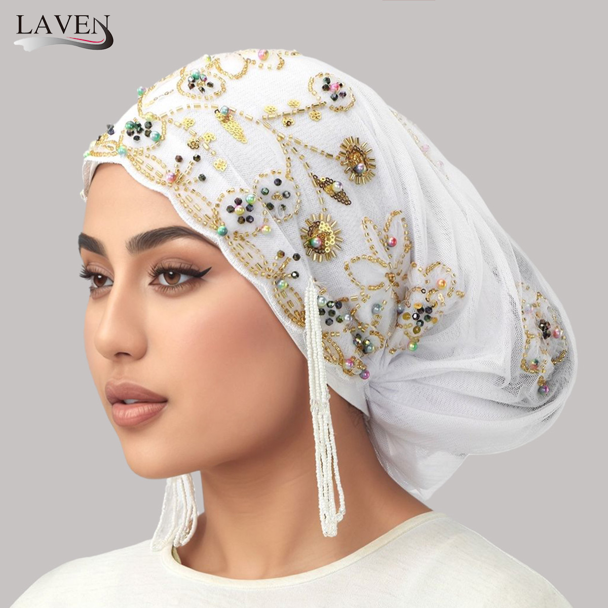 Casquette intérieure en dentelle de perles musulmanes de luxe, couvre-chef islamique élastique pour femmes, casquette de prière élégante, couvre-tête décoratif