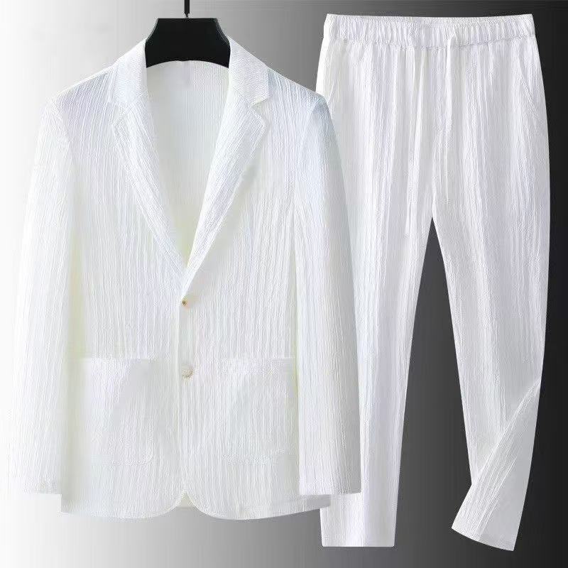 Costume d'été pour homme, 2 pièces, blazer en lin léger, blazer slim + pantalon, vêtements décontractés pour affaires, ensemble respirant fin