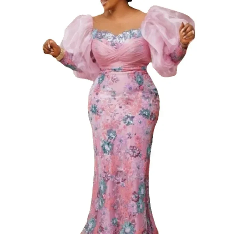 Robe de Soirée Africaine Rose à Manches sulfpour Femme, Tenue Élégante, Vêtement Africain, Automne