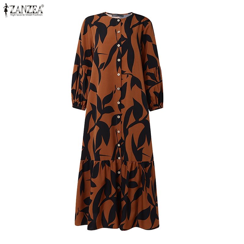 Robe Abaya musulmane imprimée bohème pour femmes, robes longues ZANZEA, kaftan à manches lanternes, boutons, Vestidos Robe Femme