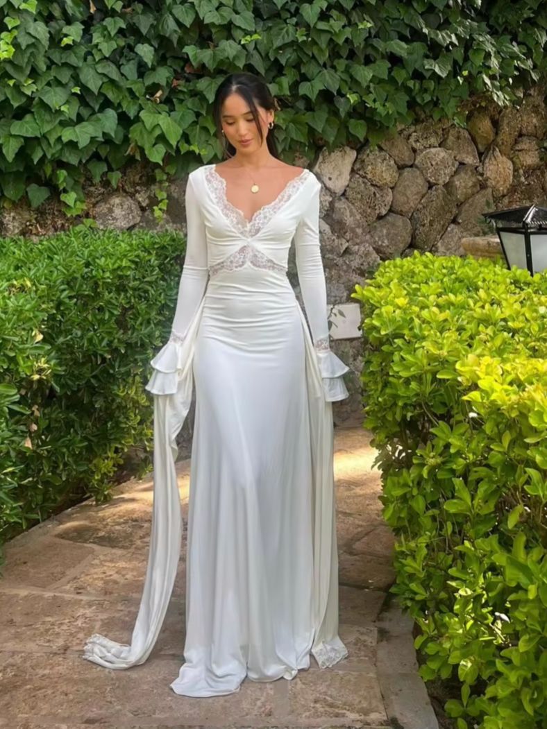 Robe élégante blanche en dentelle froncée, style vintage, sexy, à manches longues évasées, dos nu, pour soirée, collection automne