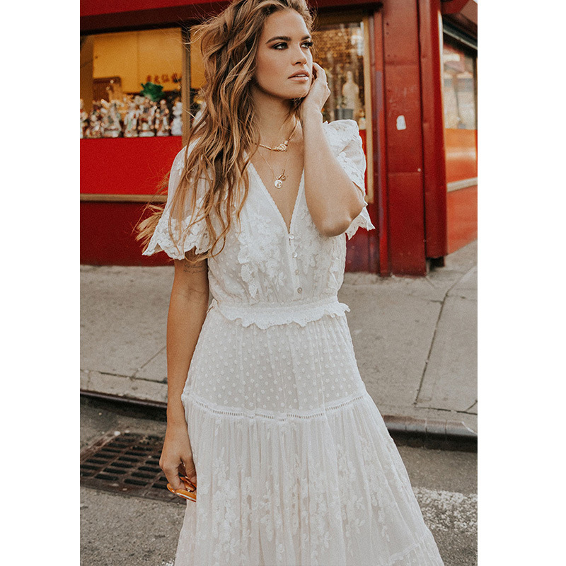 Robe femme blanc évider coton robe d'été dentelle sans manches longue épissage été fête élégante soirée femme jupe vêtements