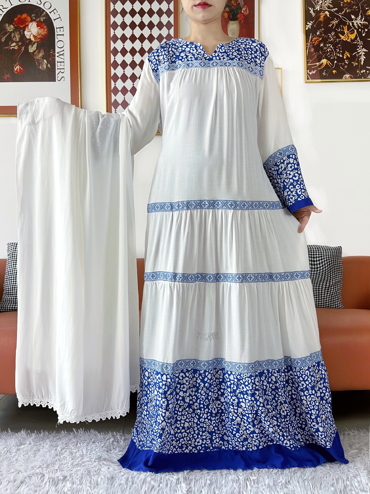 Ventes Exclusives 2026 Nouvelle Robe Africaine Boubou KASHKHA en Coton Abaya Ample Musulmane avec Grand Foulard Maxi pour le Ramadan