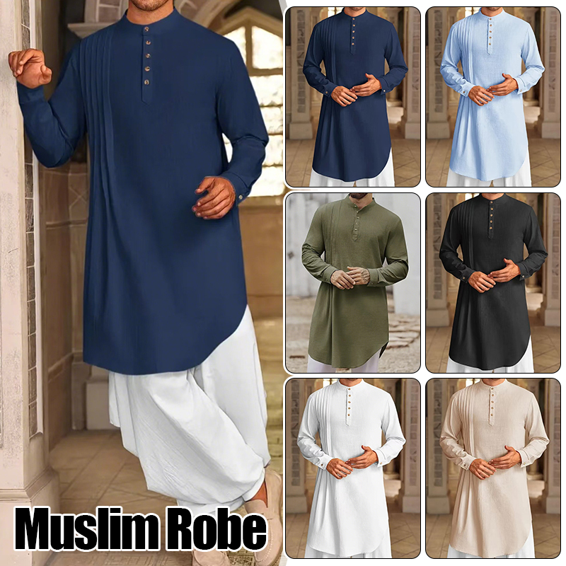 Chemise musulmane pour hommes, col montant, manches longues, Kaftan arabe islamique, couleur unie, Streetwear décontracté, vêtements en coton et lin, nouvelle collection