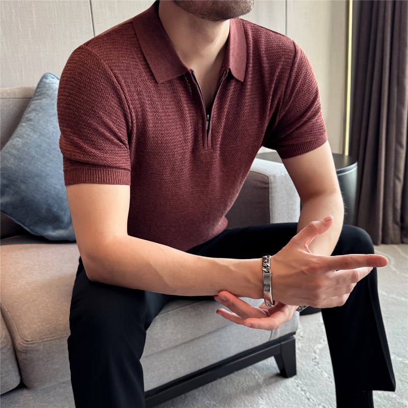 Polo d'été fin à manches courtes, demi-zip, couleur unie, coupe ample, décontracté, haut extensible et respirant, T-shirt tendance pour homme