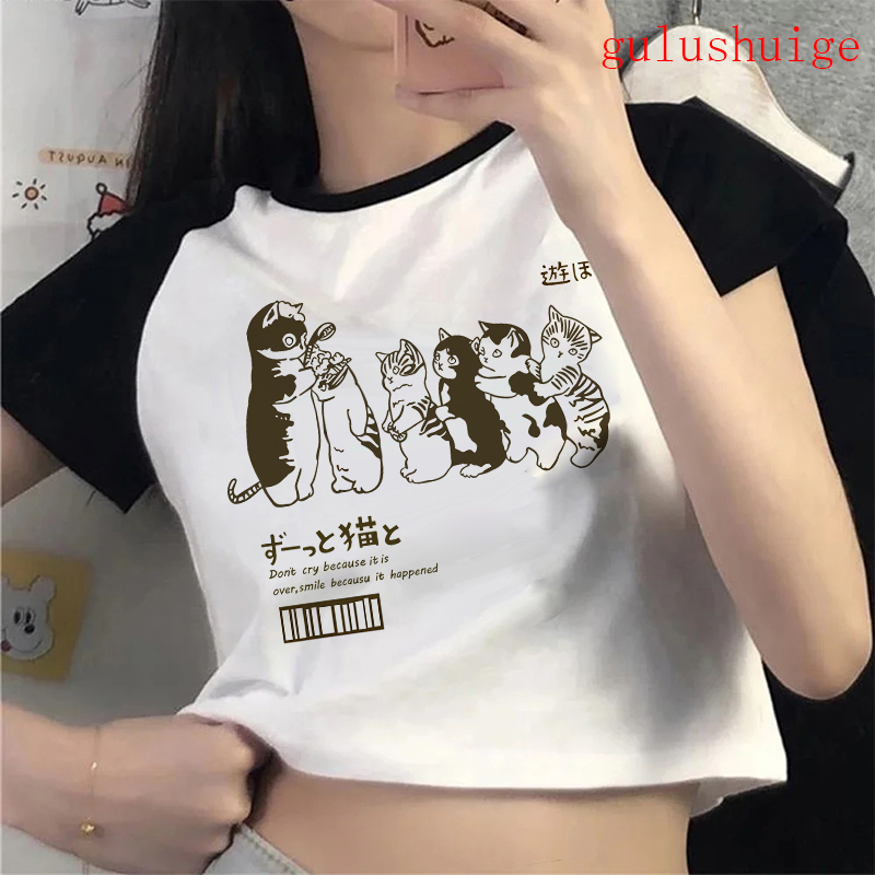 T-shirt crop top pour femme, motif chat amusant, style années 2000, Ulzzang, années 90, gothique