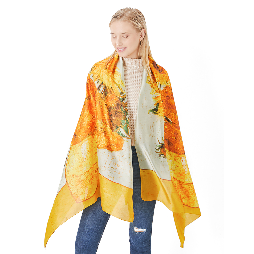 Foulards de printemps en soie pour femmes, imprimé numérique, châles de tournesol, Foulard de luxe de styliste, enveloppes Van Gogh, peinture à l'huile, Hijab
