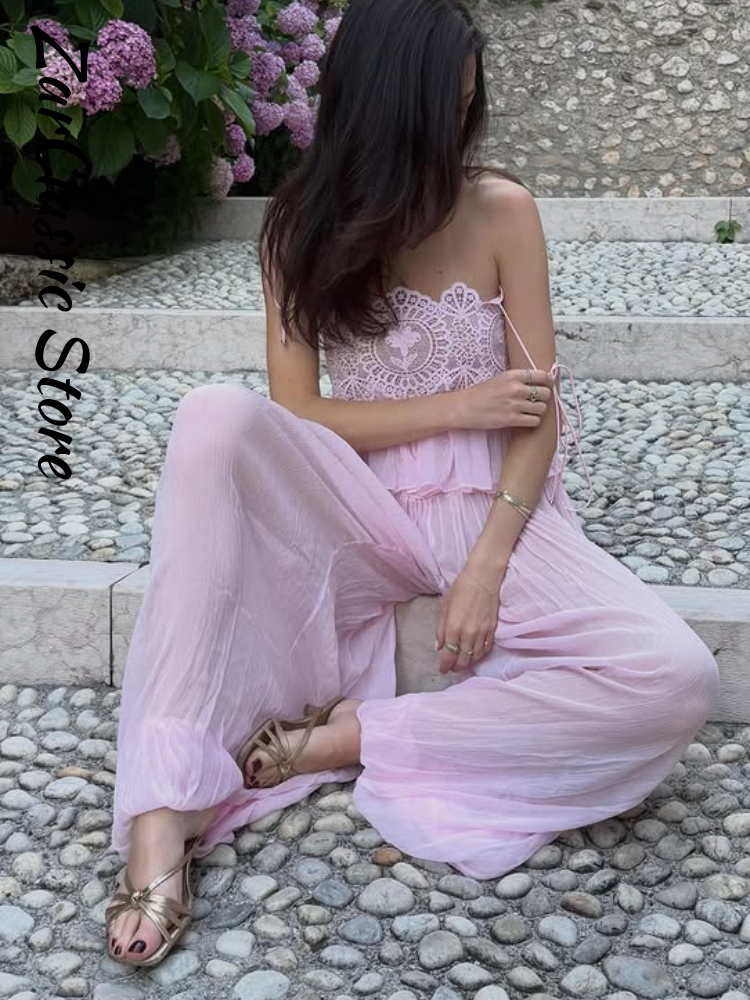Ensemble femme en dentelle rose plage, débardeur transparent à bretelles et pantalon plissé à jambes larges, tenue décontractée pour les vacances, nouvelle collection