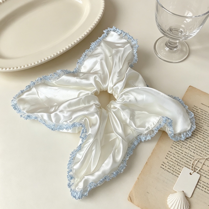 Élastiques à cheveux pour femmes en satin blanc, style foulard carré, avec garniture en dentelle à paillettes bleues, style coréen, doux, pour usage quotidien et queue de cheval