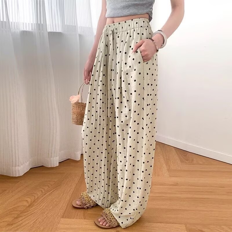 Pantalon large en lin à pois pour femme, style coréen, taille haute, coupe décontractée et droite, idéal pour l'été
