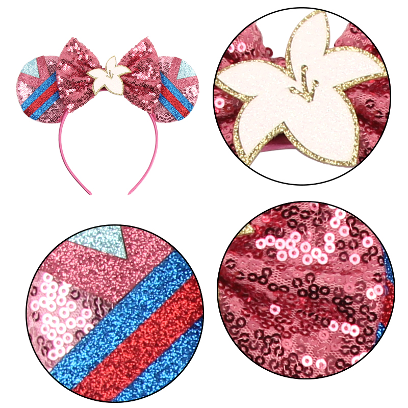 Serre-tête mignon Mulan pour fille, motif dessin animé, avec oreilles, fleur de magnolia, sequins et nœud, accessoires de cheveux pour enfants et femmes, carnaval