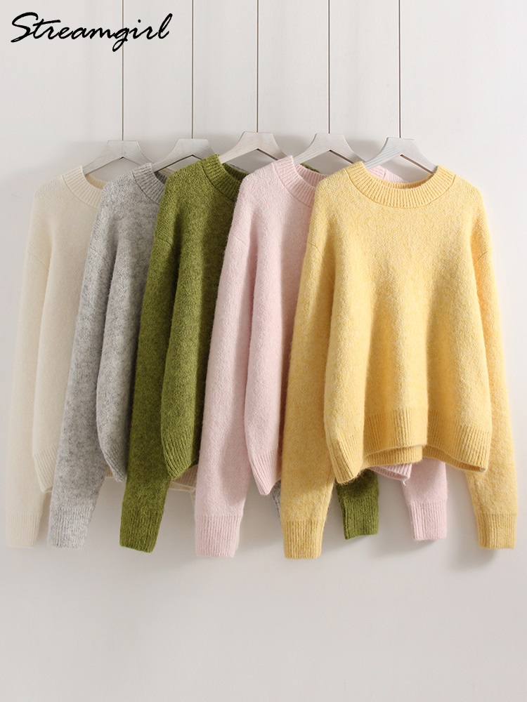 Femmes chandails pour l'hiver chaud surdimensionné pull Vintage col rond épais tricoté pulls jaune moelleux chandails pour les femmes automne