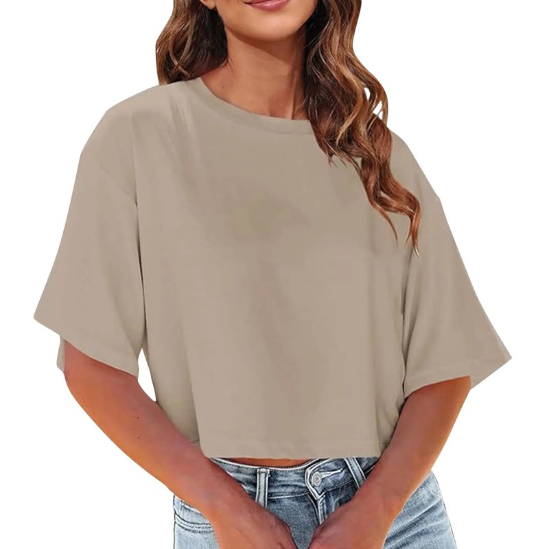 T-shirt à manches courtes pour femmes col rond recadrée couleur unie t-shirts hauts courts amples femmes tendance Petite t-shirt