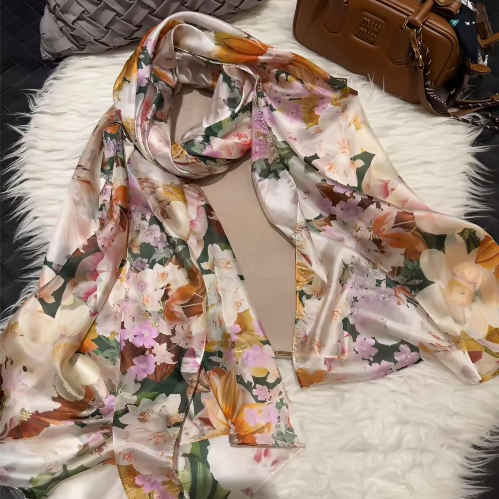 BYSIFA | Beige bleu foulard en soie châle femmes imprimé fleuri écharpe Cape automne hiver 100% mûrier soie longues écharpes été plage châles