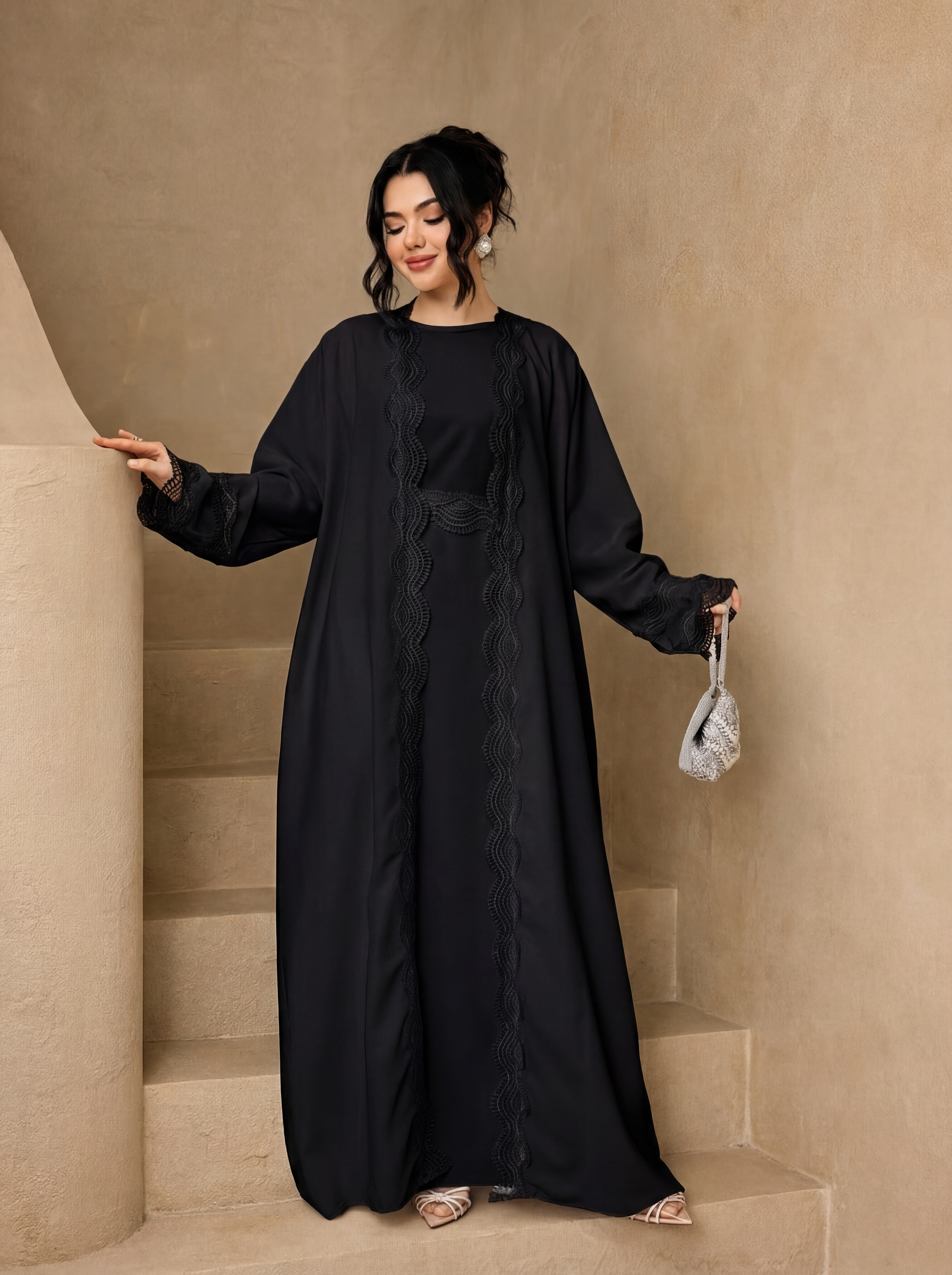 Ensemble Abaya 3 pièces avec ceinture et hijab, robe modeste à manches évasées pour femmes musulmanes, tenue quotidienne pour l'Aïd