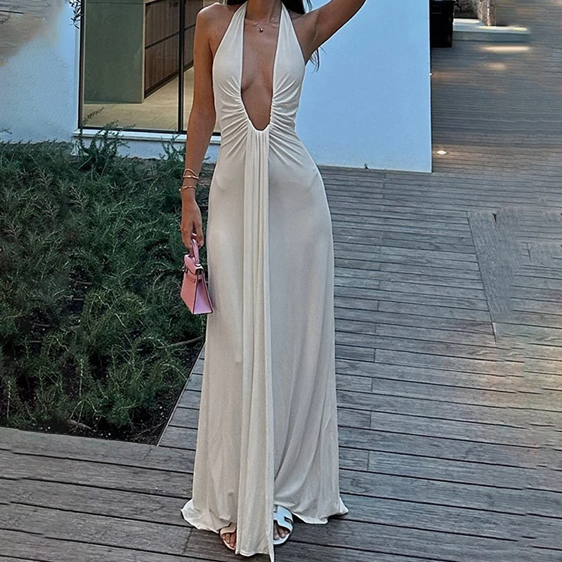 Robe moulante unie à col en V profond, style européen et américain, nouvelle collection 2026 pour femme