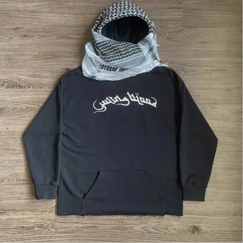 Style arabe esthétique Plaid contraste écharpe sweat à capuche décoratif automne hiver à manches longues lettre impression lâche rue mode manteau