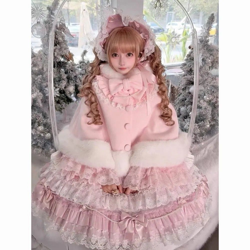Cape en laine Lolita mignonne, tempérament élégant, douce fille, cape à capuche en peluche, Patchwork, châle avec nœud, manteau en fourrure, automne et hiver