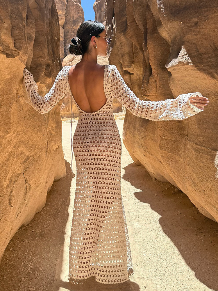 Robe longue maxi sexy en maille tricotée dos nu à manches cloche pour femme, tenue d'été ajustée, tunique de plage, cache-maillot de bain K205 2026
