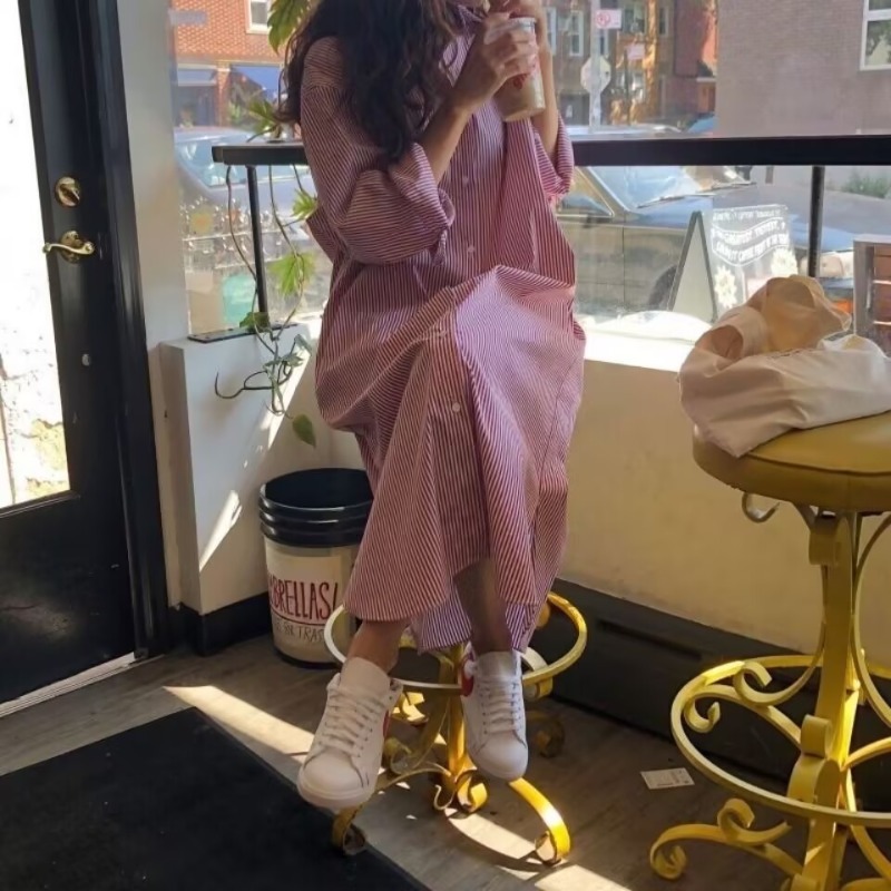 Robe chemise décontractée à manches longues pour femme, style vintage rayé, coupe ample, mode printemps-été