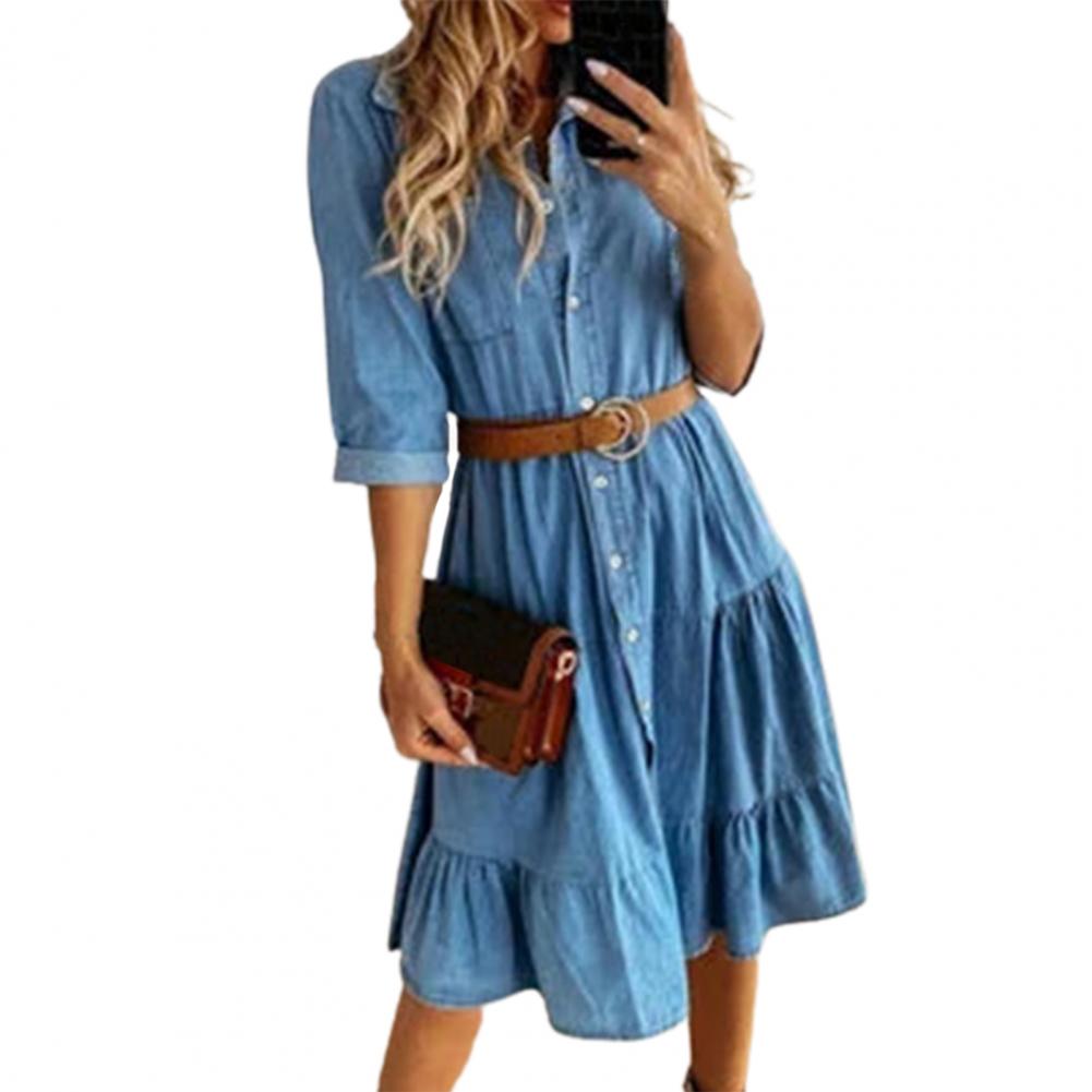 Robe en jean à manches trois-quarts avec ceinture, col rabattu, boutons et volants, pour femme, printemps-automne 2025