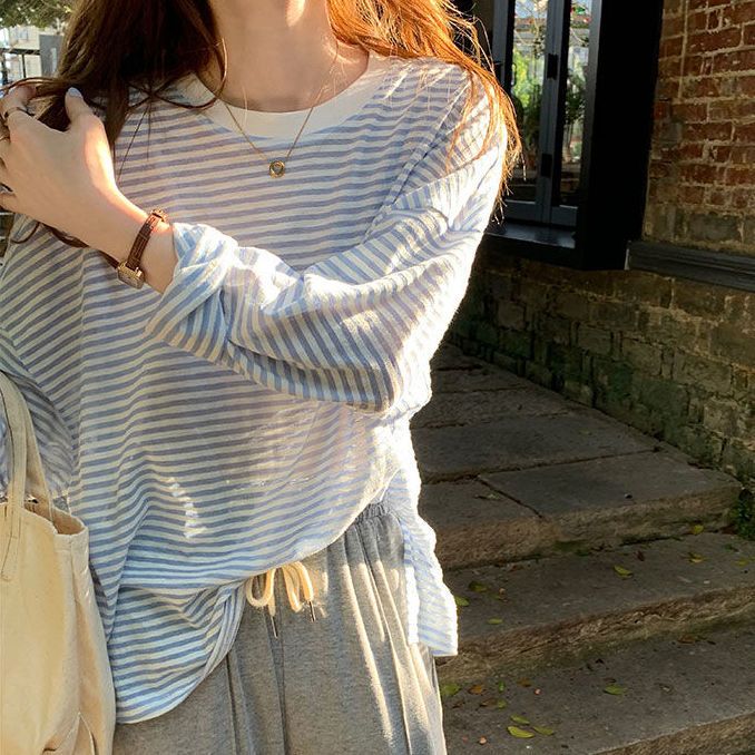 Vêtements pour femmes t-shirt décontracté été 2025 à manches longues mode Style coréen ample rayé crème solaire t-shirt décontracté