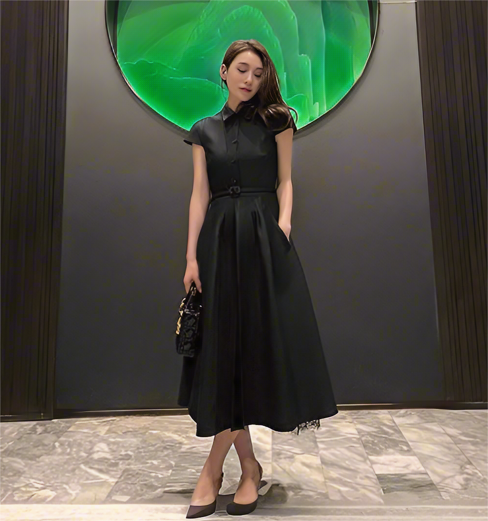 Robe à la mode pour femmes, style français, robe Hepburn pour le bureau, robe parapluie unie à manches courtes, chemise-robe noire à manches courtes