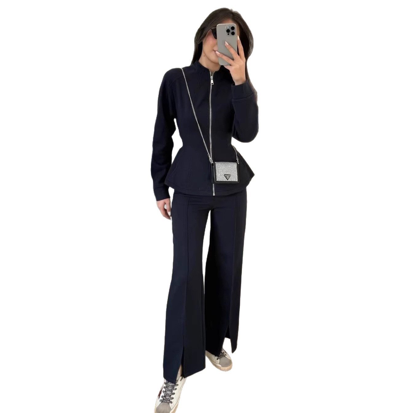 Ensemble de survêtement 2 pièces pour femme : veste à col montant zippée et pantalon fendu – Collection Printemps 2026