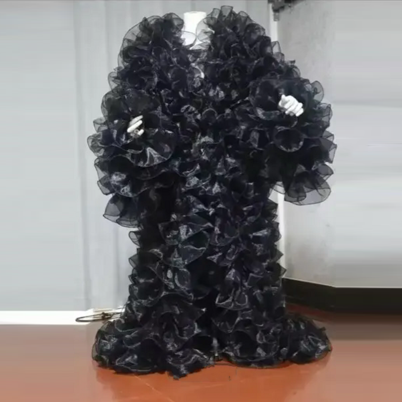 Robe de soirée en organza sur mesure pour femme, avec manches longues et volants, noire